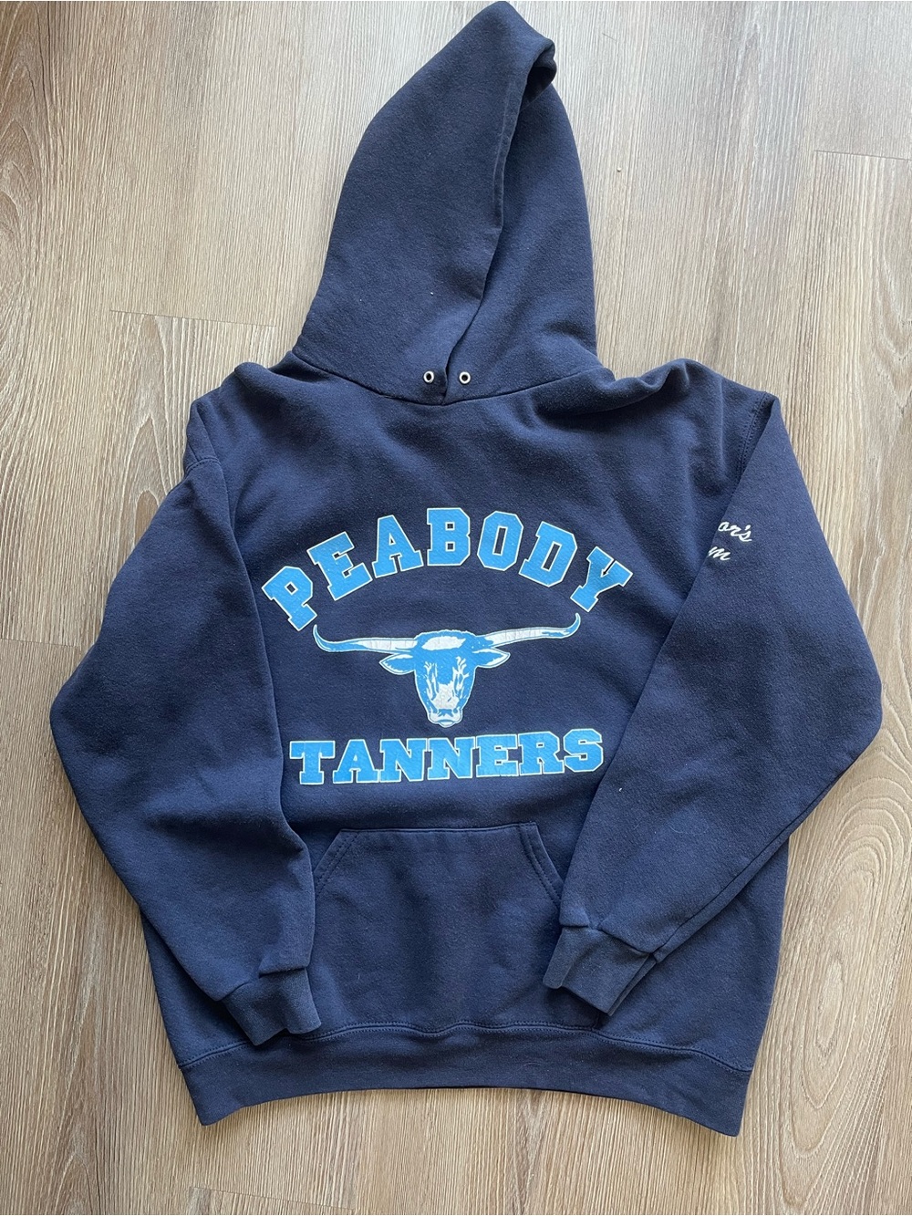 Lee Navy Crewneck Hoodie with Light Blue Peabody Tanners Graphic